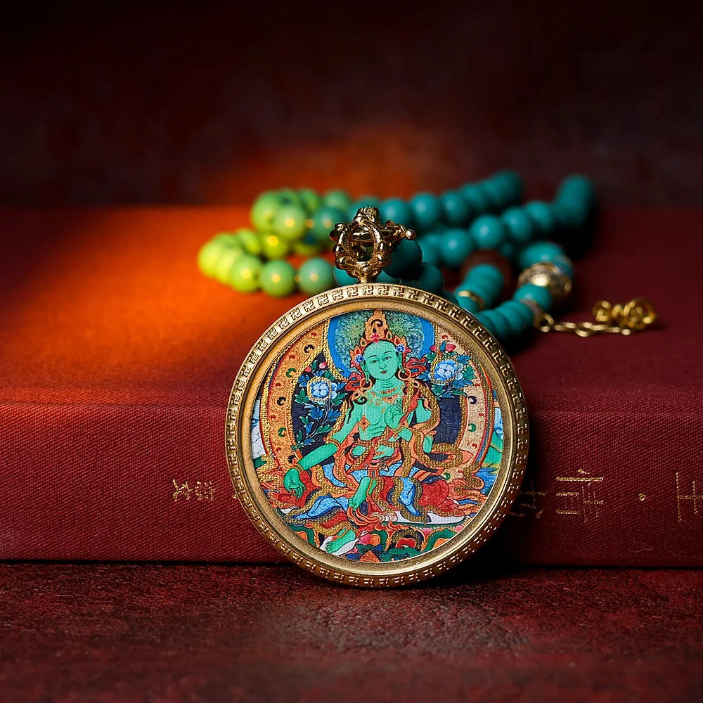 

Titanium steel hand-painted gold depicted green mother of pearl round thangka plating pendant turquoise necklace jumper chain