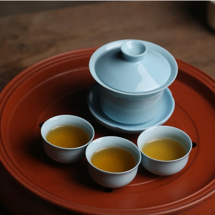 Old Product Healing Tianlan Warm Yellow Cap Bowl Chaoshan Kung Fu Pu'er Black Tea Underglaze Colored CeramiC Three Cup