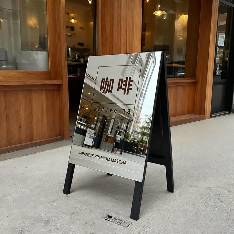 Portable Outside Mirrored Stainless Steel A-frame Double-sided Folding a Frame Sidewalk Sign Stand Sandwich Board