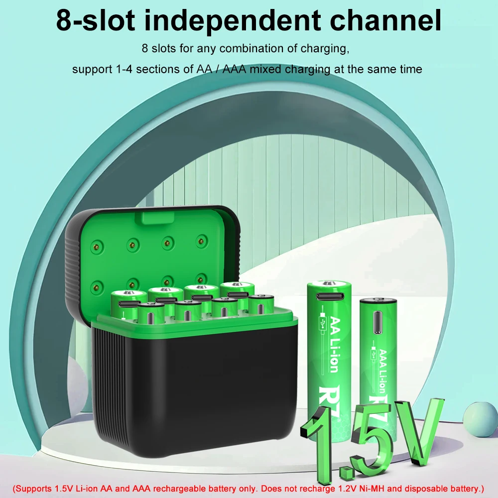 LED 1.5V AA + AAA 리튬 이온 배터리 충전기 8 슬롯 aa aaa 스마트 플립 탑 충전 구획 USB 빠른 충전