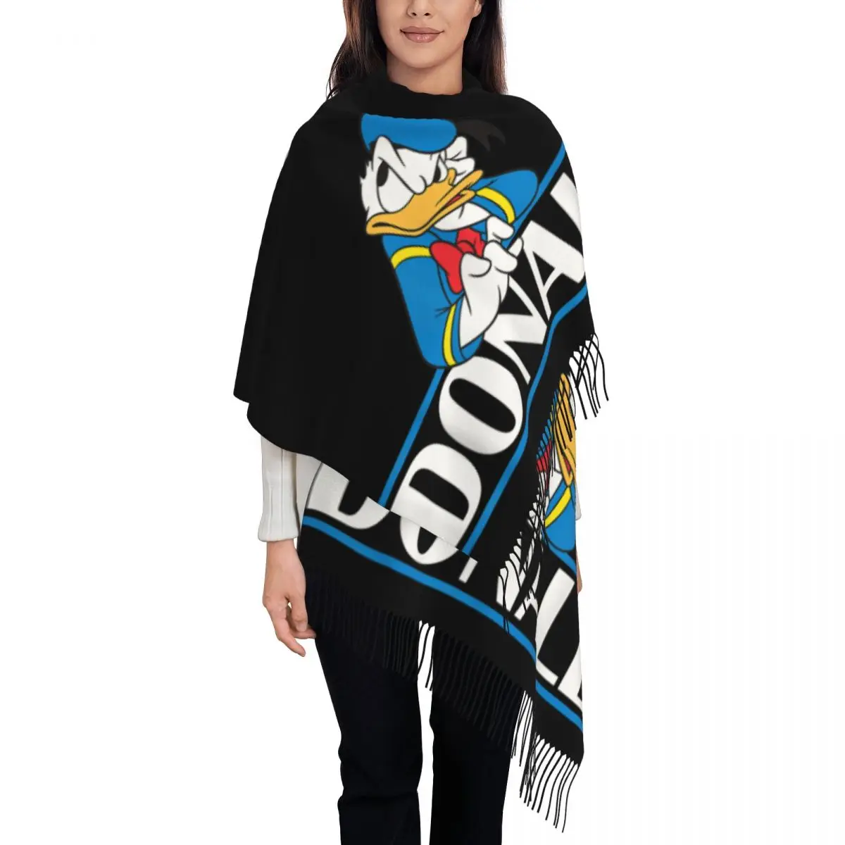 

Custom Donald Duck Cartoon Tassel Scarf Women Soft Shawls Wraps Ladies Winter Fall Scarves