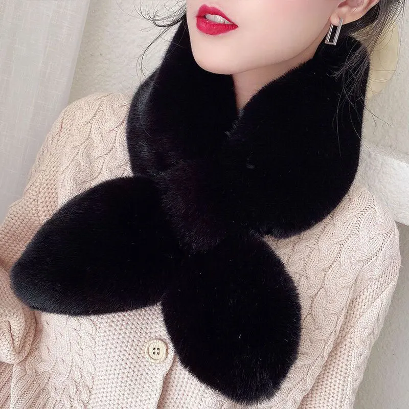 Winter Plush Cross Scarf for Women Thickened Warm Rabbit Fur Scarf Multifunctional Neck Protection Collar Fluffy Faux Fur Scarf