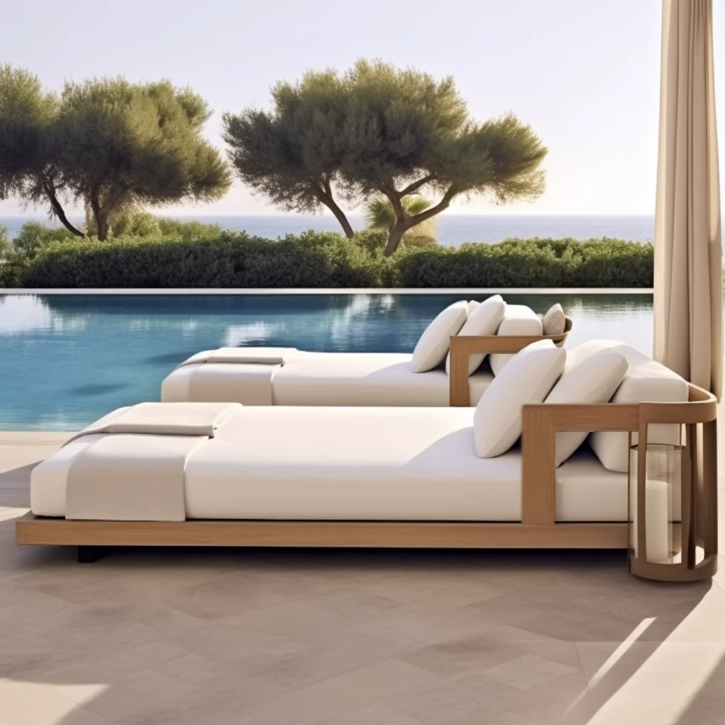 

Luxury Hotel Teak Wood Sun Bed Lounger Outdoor Original Color Vietnam Teak Outdoor Chaise Lounges with Thick Cushion