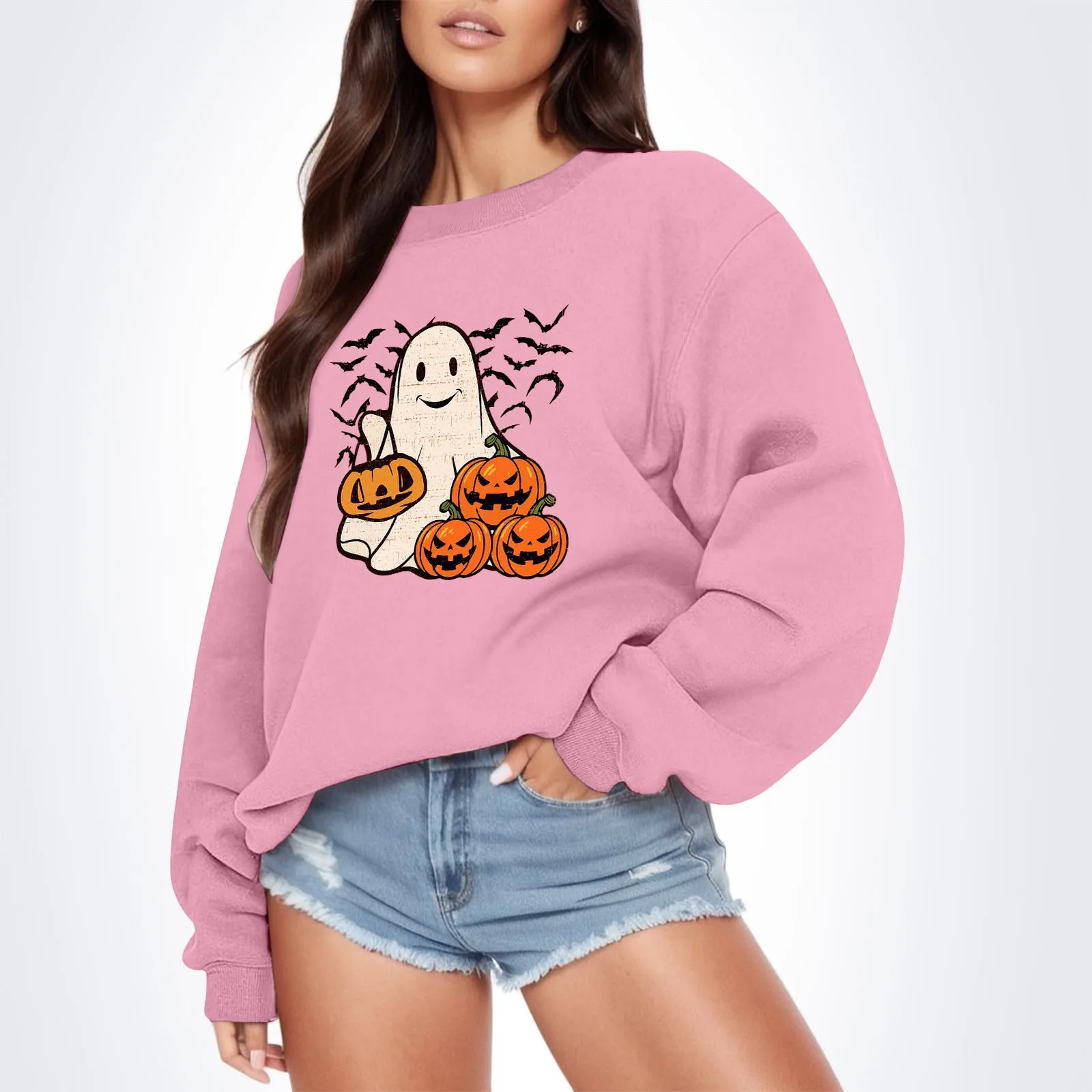 

Pumpkin Graphic Horror Ghost Funny Halloween Sweatshirts Women Autumn Long Sleeve Pullover Cartoon The Boo Hoodless Sweatshirt