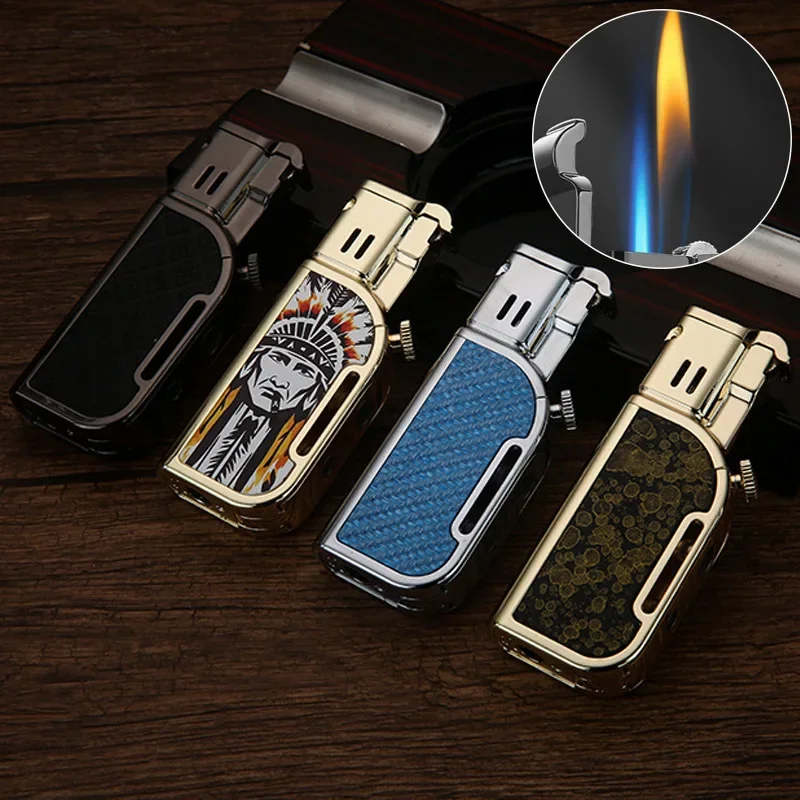 HONEST Vintage Wheel Lighter Double Fire Torch Open Flame Cigar Lighter With Cigar Scissors Portable Lighter Outdoor Tool