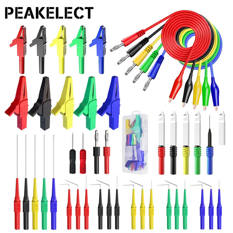 Peakelect P1920D 44PCS Multimeter Test Lead Kit Banana Plug to Alligator Clip with Automotive Puncture Back Probe Spade Plug