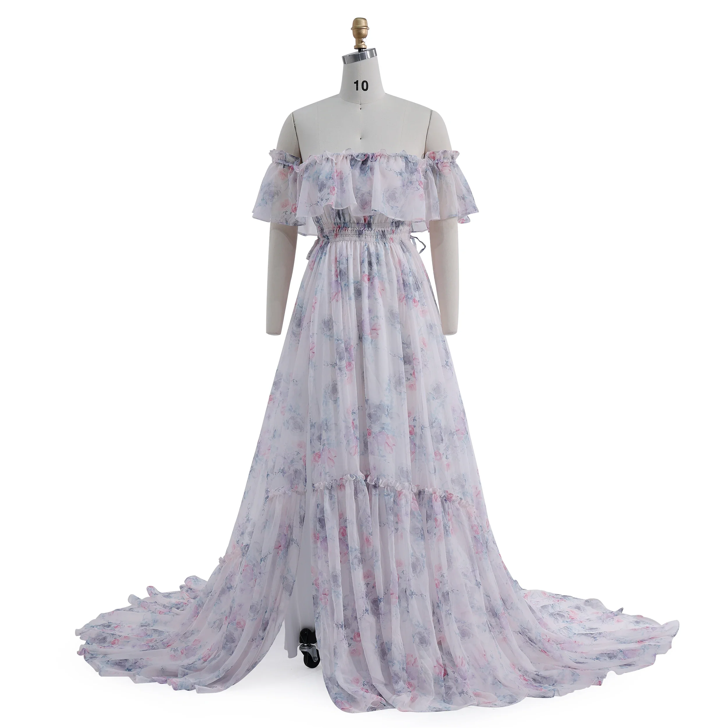 Elegant Off the Shoulder Printing Chiffon Boho Matrenity Dress for Photo Shoot Elastic Waist Maxi Dress YEWEN YD22107