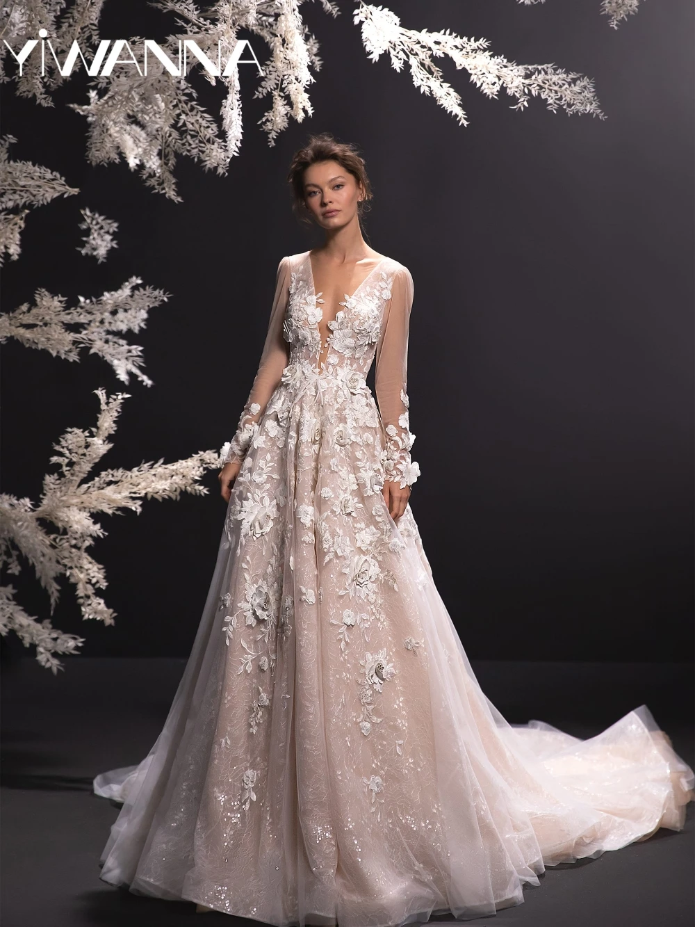

Shiny Lace 3D Flower Long Wedding Dress Sexy Deep V-neck Backless Bridal Gown Customized Dreamy A-line Dresses For Bride