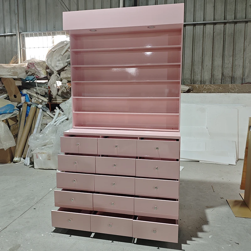 Beauty Shop Furniture Orange Wood Display Cabinet Modern Luxury Nail Polish Rack Salon Shelves With Storage Drawers And Lights view 3