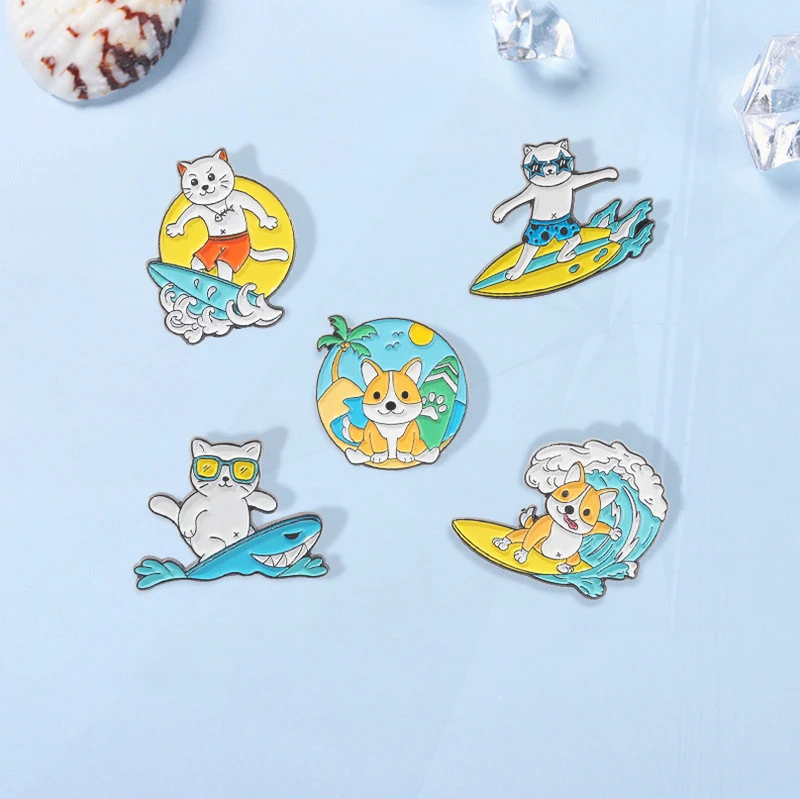 Dogs Pines Lapel Pins Shirt Bag Badge Cartoon Sea Jewelry Gift for Friends Animal Surfing Enamel  Brooch Custom Ocean Motion