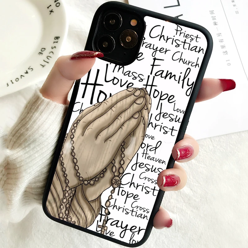 5 5S SE 2020 Phone Cover Case for iPhone 6 6S 7 8 PLUS X XS XR 11 12 13 MINI 14 PRO MAX Rubber Hands Praying Rosary Beads Cross