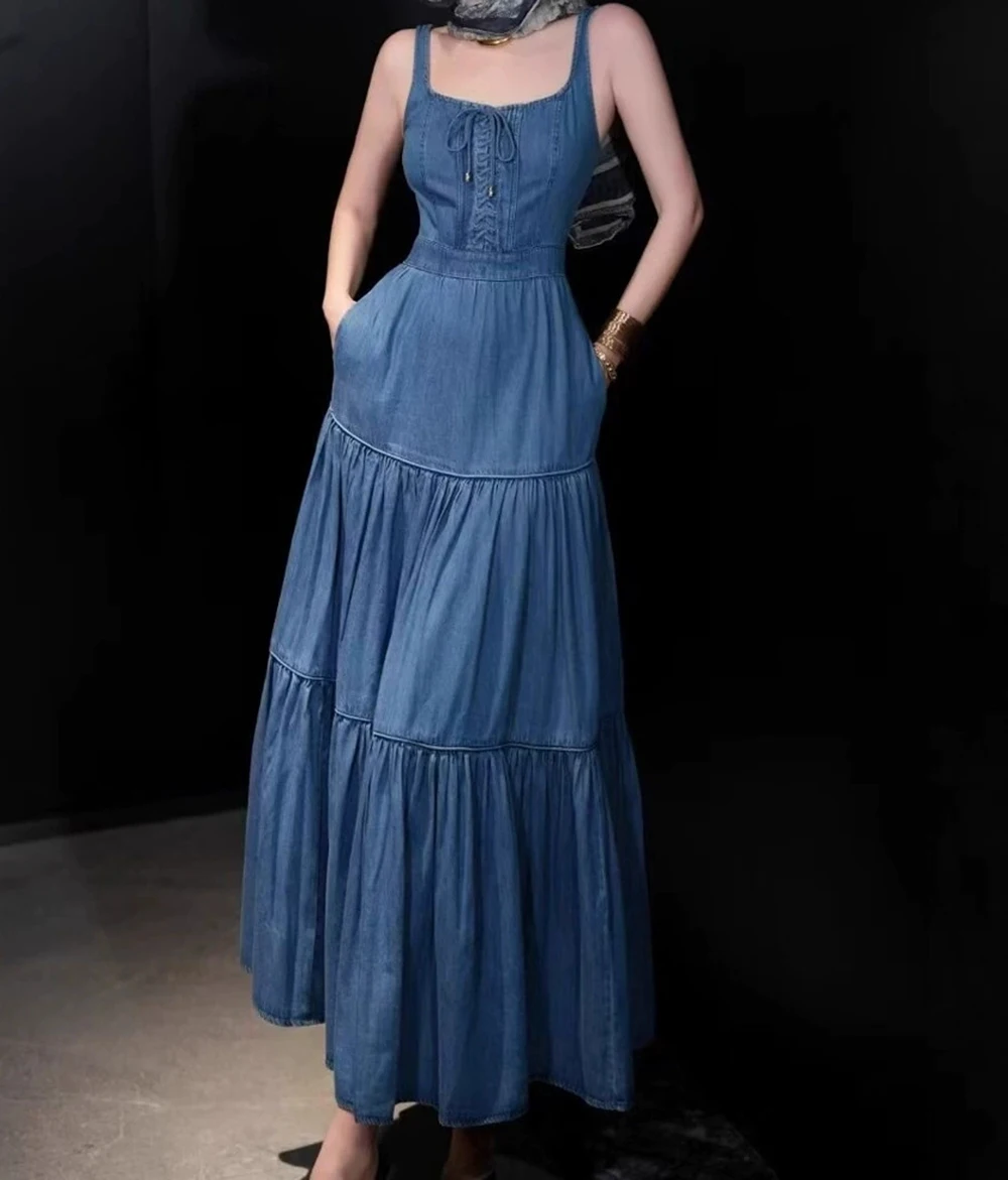 

2025 Spring and Summer New Style Suspender Tube Top Bandage Elastic Waist A-line Denim Long Skirt Dress-GZXX126