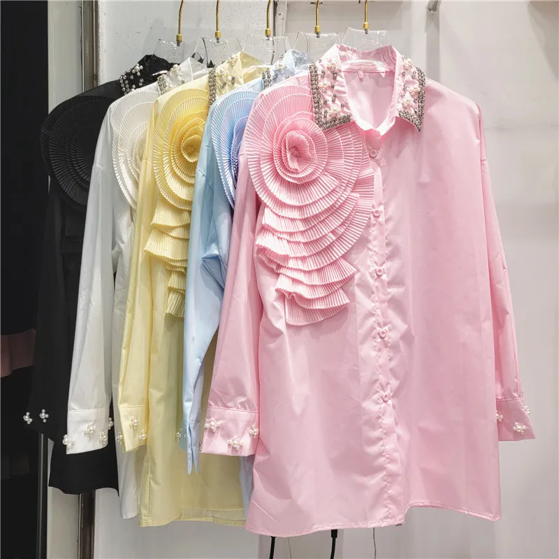 Women Diamonds Beaded Big Ruched Floral Shirts Crystal Pleated 3D Flowers Blouses Long Sleeved Cardigan Long Sleeve Crop Tops