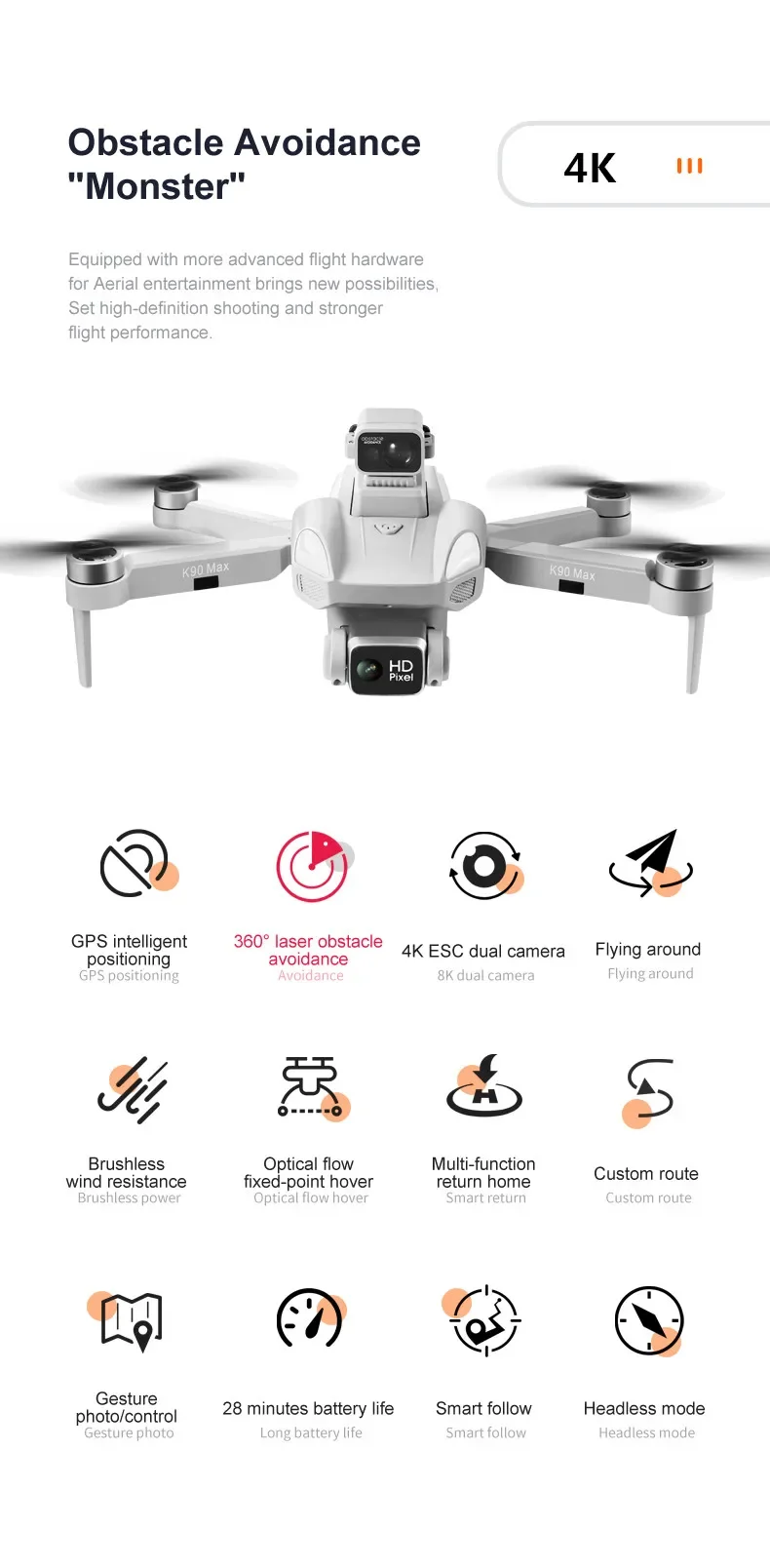 28 Minutes Battery Life 1500M Long Range Flying RC Brushless Motor Obstacle Avoidance 4K Camera GPS K90 Max Drone