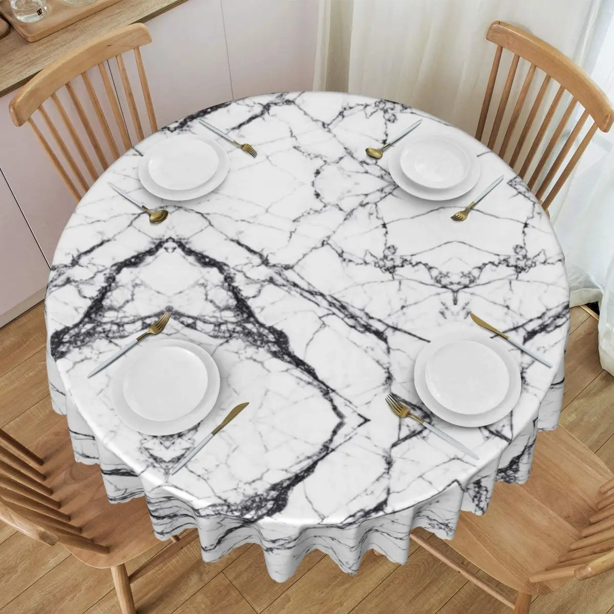 Round Waterproof Black And White Marble Texture Table Cover Modern Geometric Graphic Tablecloth for Picnic 60 inches Table Cloth