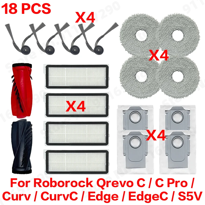 Roborock Qrevo C/C Pro/Curv/CurvC/Edge/EdgeC/S5V Kompatibles Haupt- und Seitenbürsten-Set, Wischtücher, Staubbeutel & Filterset
