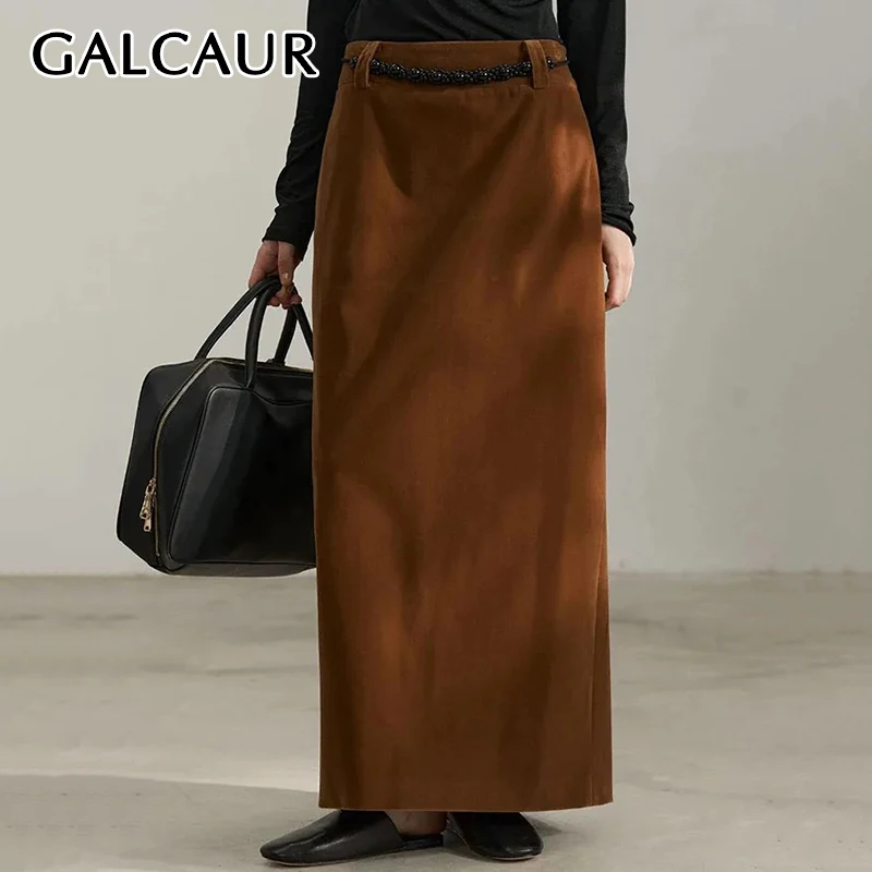 

GALCAUR Elegant Solid Velvet Skirt For Women High Waist Spliced Pockets A Line Temperament Skirts Female Clothing New Style 2024