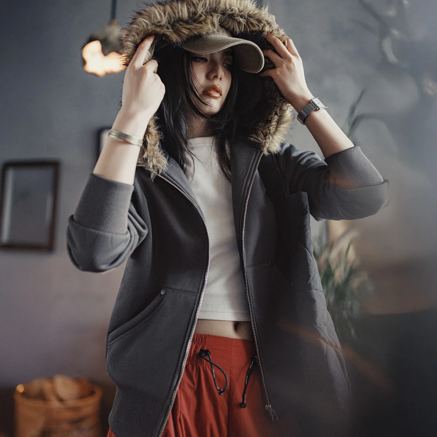 Maden Abrigo con capucha y cremallera con forro polar para mujer, chaqueta informal gruesa y cálida para invierno, sudadera térmica con capucha, prendas de vestir exteriores, TOP para mujer