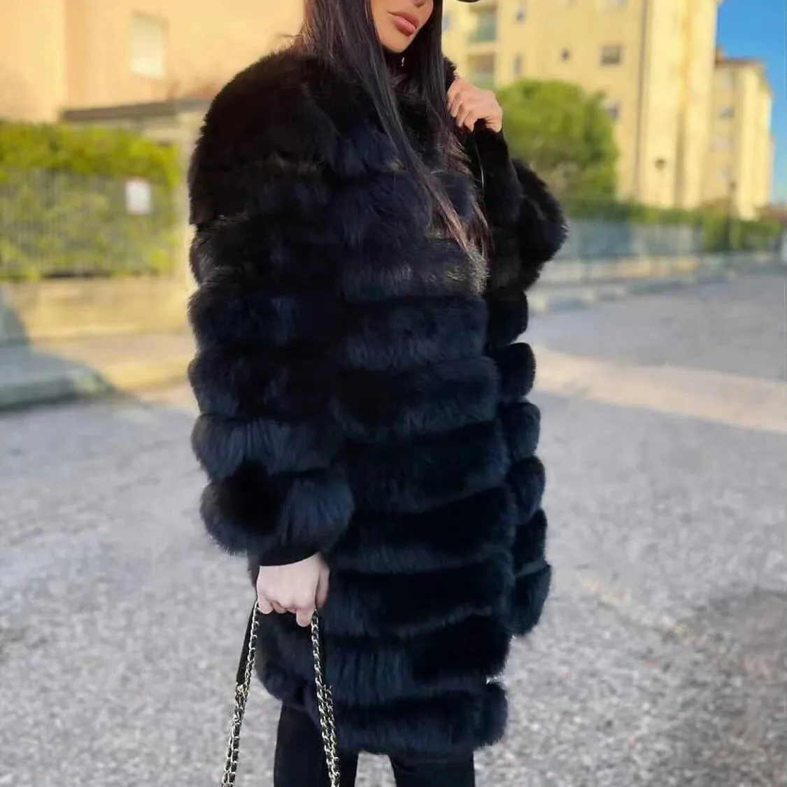 Women\'s long natural real fur coat high-quality black real fox fur coat warm fur long women\'s winter jacket Removable sleeves