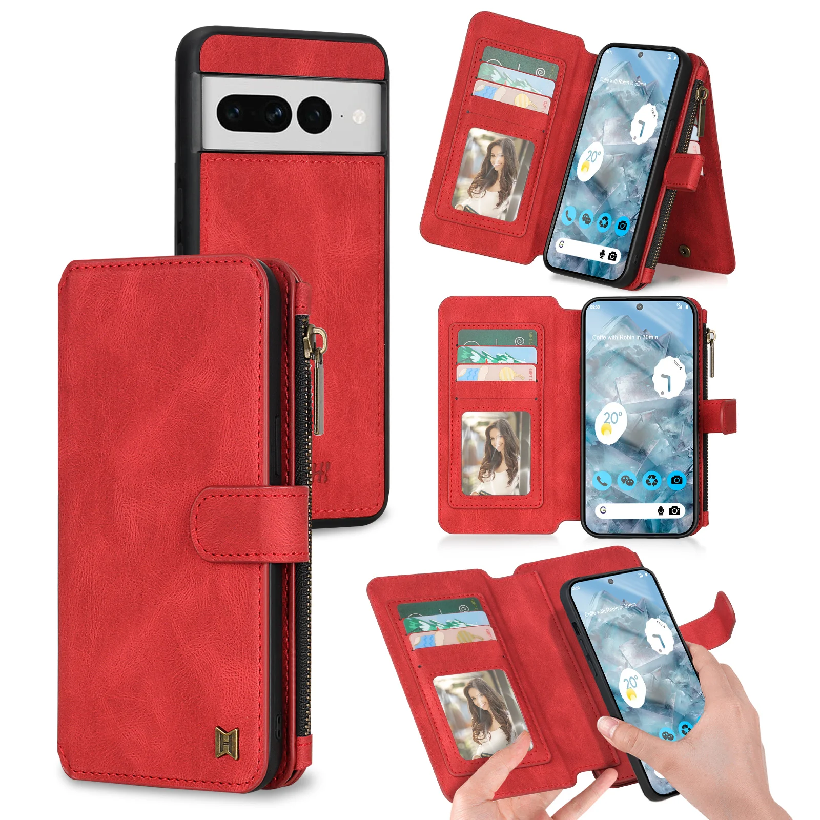 

Luxury Detachable Wallet PU Leather Case for Google Pixel 9 Pro XL 8A 8 8Pro 7A 7 7Pro 6A 6 6Pro Zipper Multi-Card Purse Cover