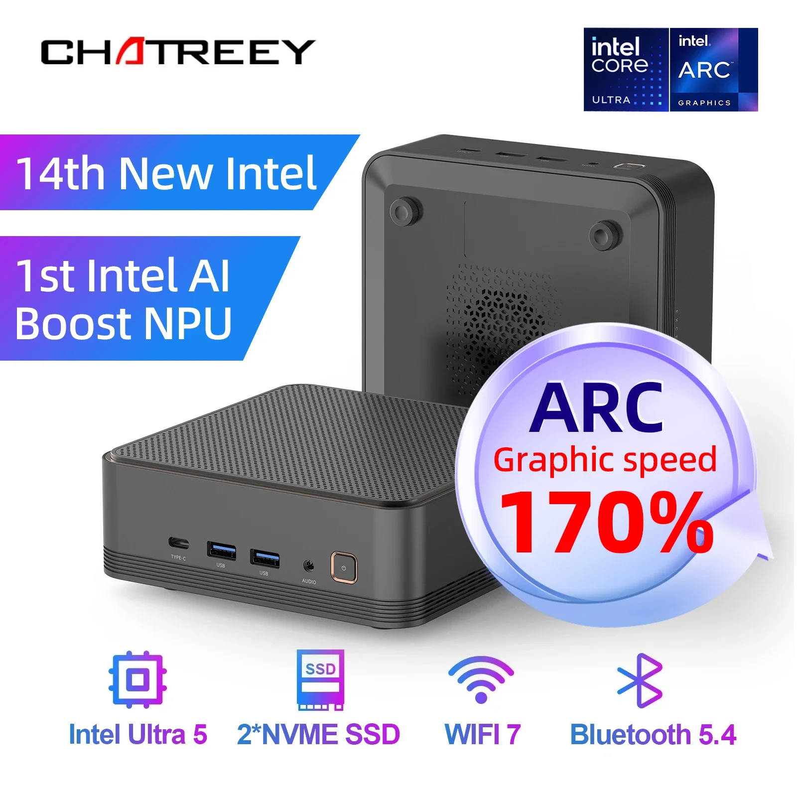 Мини-ПК Chatreey F2M intel Ultra 5 125H игровой настольный компьютер NVME SSD WIFI 7 BT 5,4 HD Windows 11 Pro