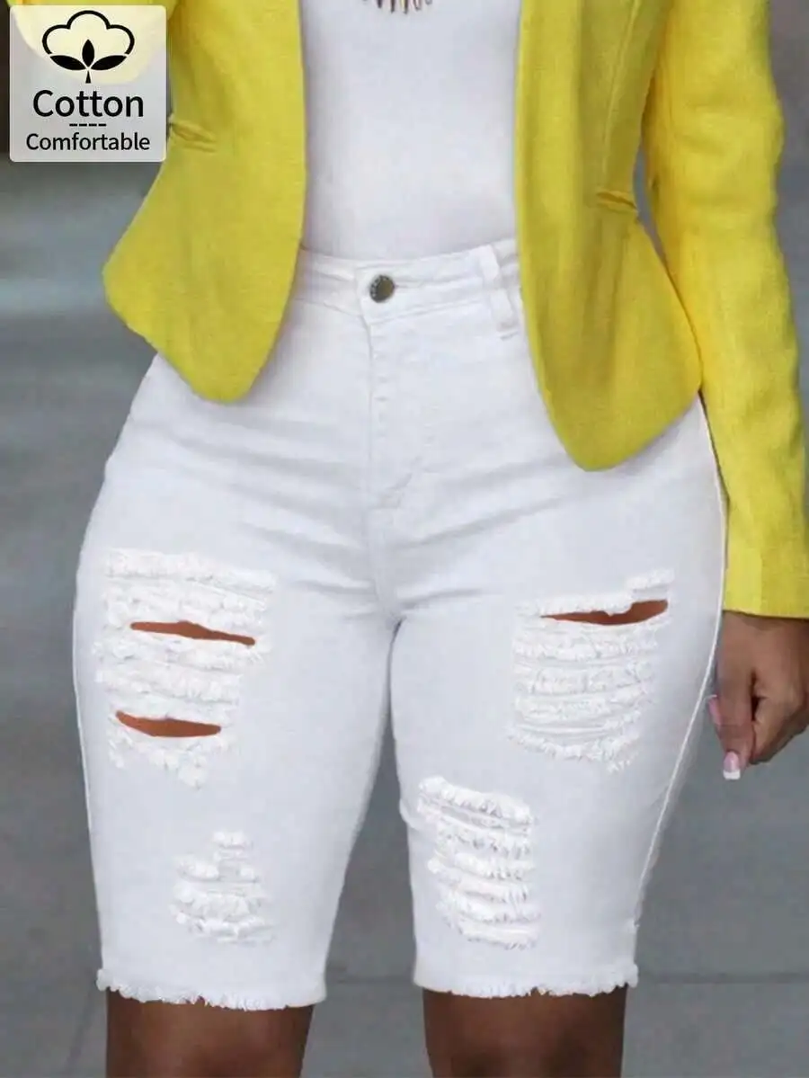 

Womens Distressed White Denim Shorts With Pockets Frayed Hem Medium Stretch Casual Summer