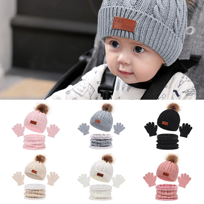 3Pcs/set Infant Baby Winter Knitted Hat Scarf Gloves Set Solid Cute Warm Caps Hats for Boys Girls Fashion Accessories 1-5Years