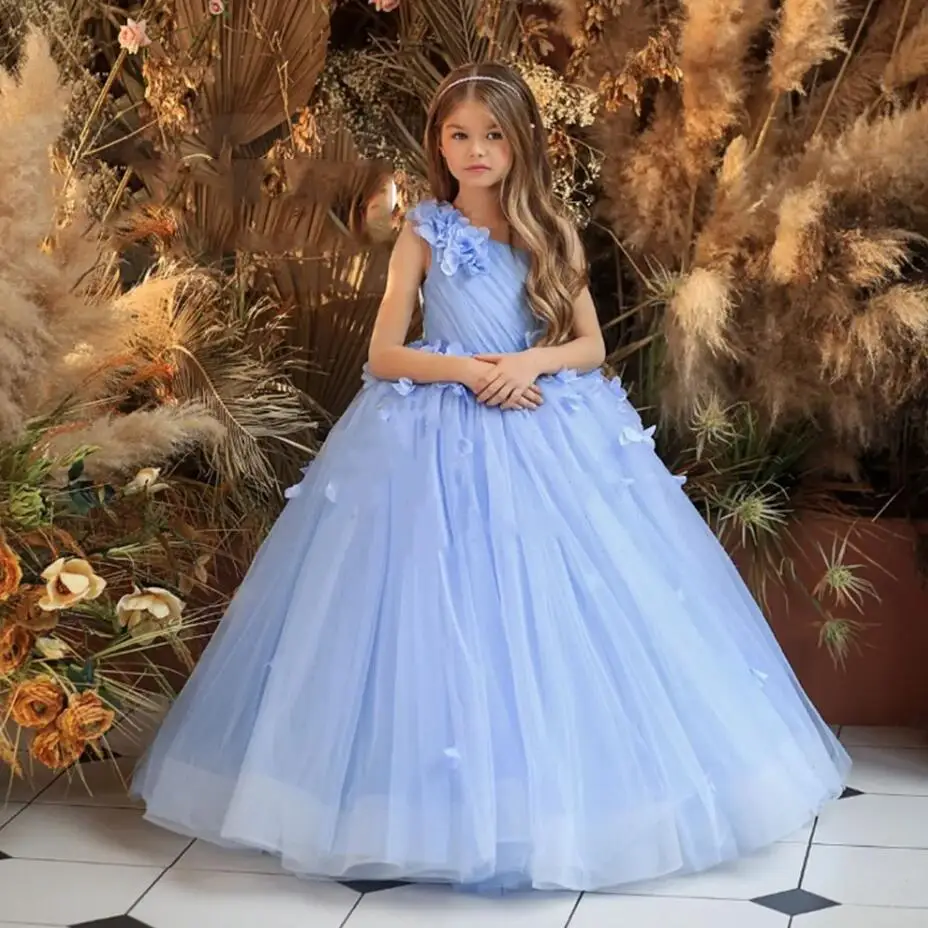 

One Shoulder A Line Tulle Flower Girl Dresses Sleeveless Christmas Gown with Pleat Princess First Communion Dress