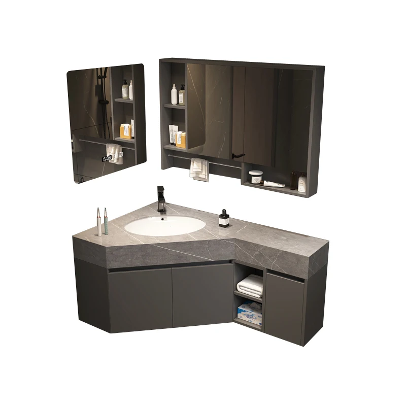 Mueble de baño triangular con placa de piedra, esquina en forma de apartamento pequeño, ángulo recto, lavabo de cerámica de madera maciza, lavabo de baño