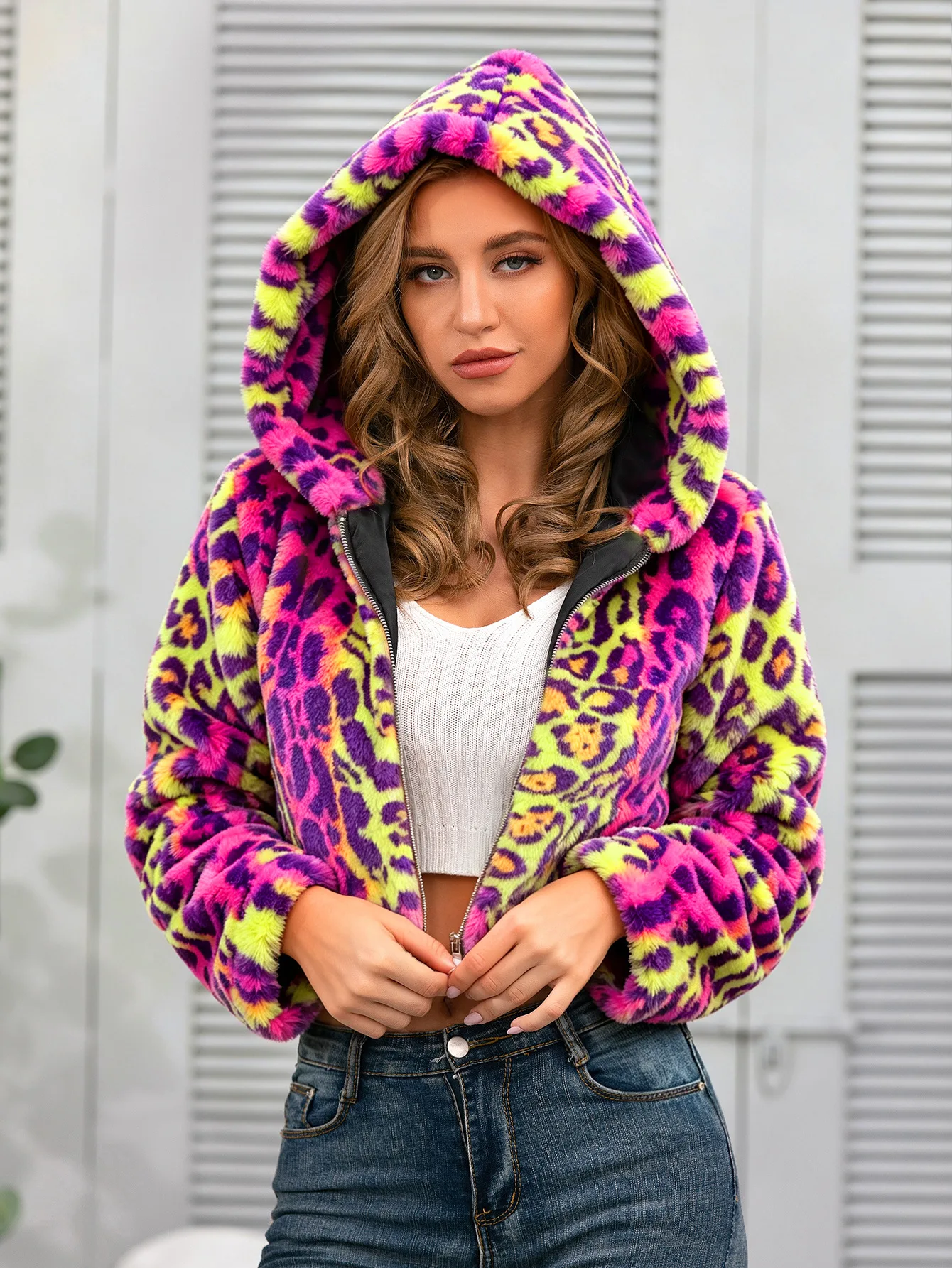 Women's Hooded Leopard Print Fur Coat Imitation Autumn Winter Warm Jacket Contrast Color Stylish Outerwear for Ladies