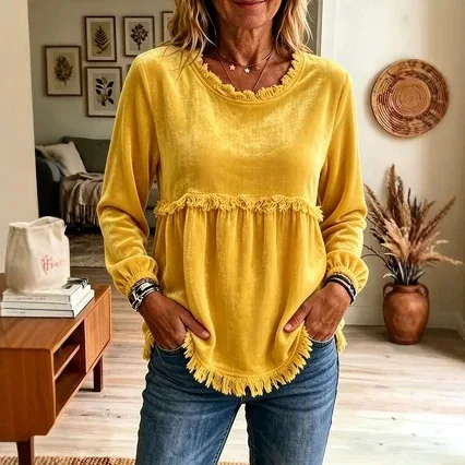 Women's Autumn Winter Fashion Loose Lace Patchwork Long Sleeve Blouse