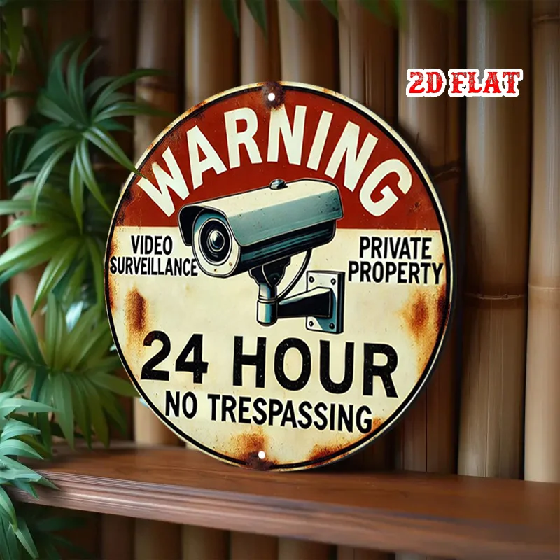 2D Flat, 1pc Vintage Security Warning Sign  Round Aluminum No Trespassing Metal Sign with Video Surveillance & Private