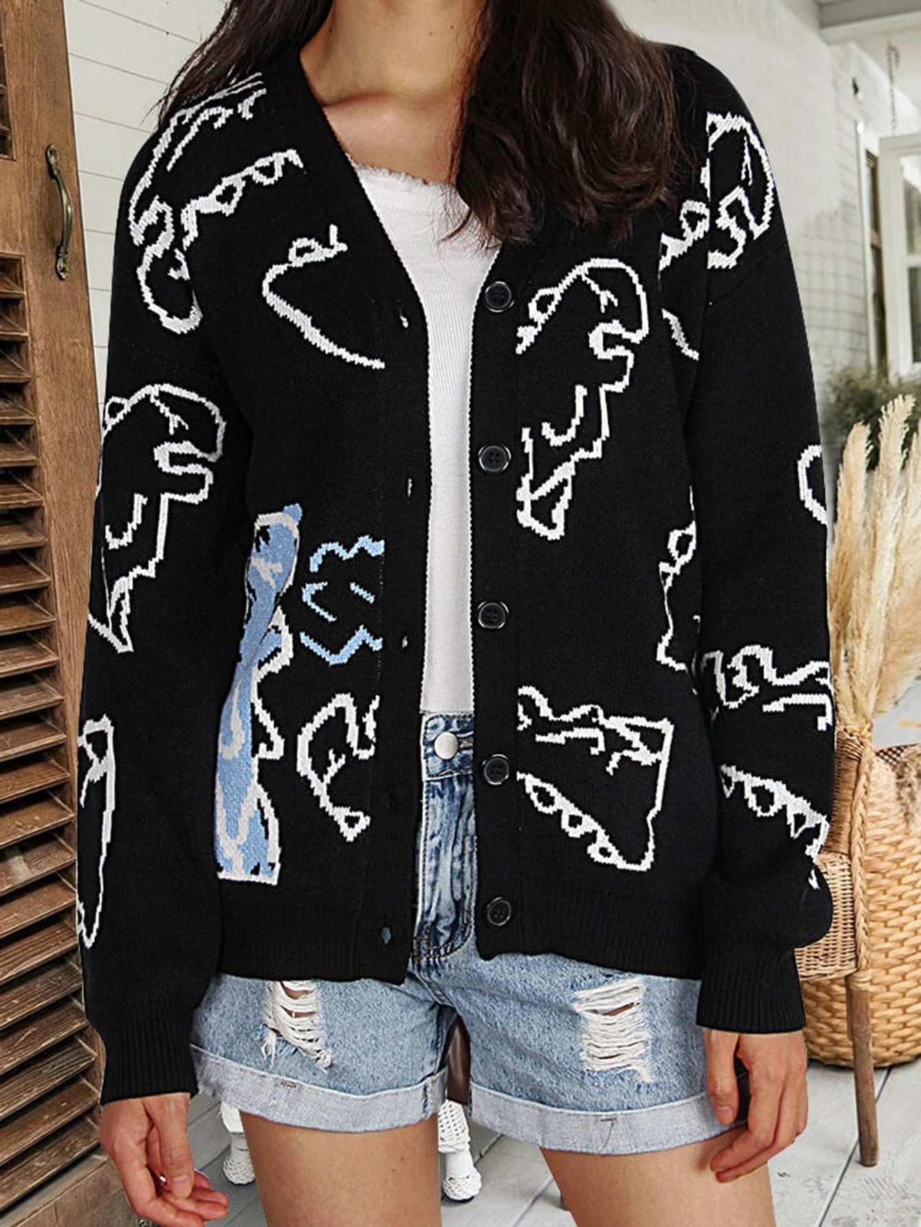 여성용 긴 소매 공룡 카디건 루즈핏 가을 겨울 스웨터 유럽 및 미국 스타일 패션