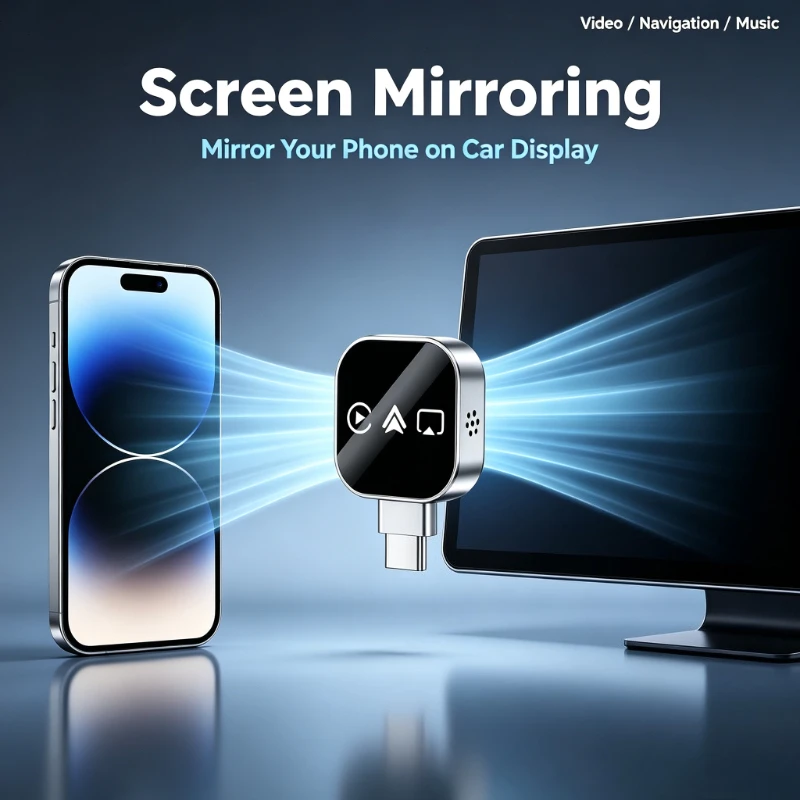 Connecteur CarPlay sans fil compact 4-en-1, modèle 2026, dernière version, Bluetooth, écran miroir, Plug & Play, adaptateur voiture pour iPhone et Android
