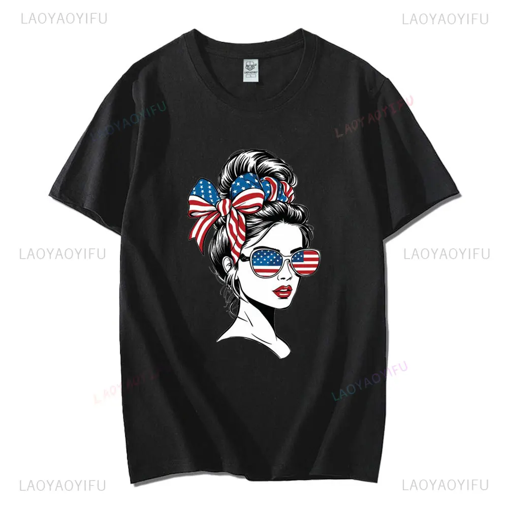 Funny American Flag Bun Head T-shirt AMERICAN MAMA Graphic Tshirts Women Cotton O-neck Casual Tee Tops Unique Patriot Gift