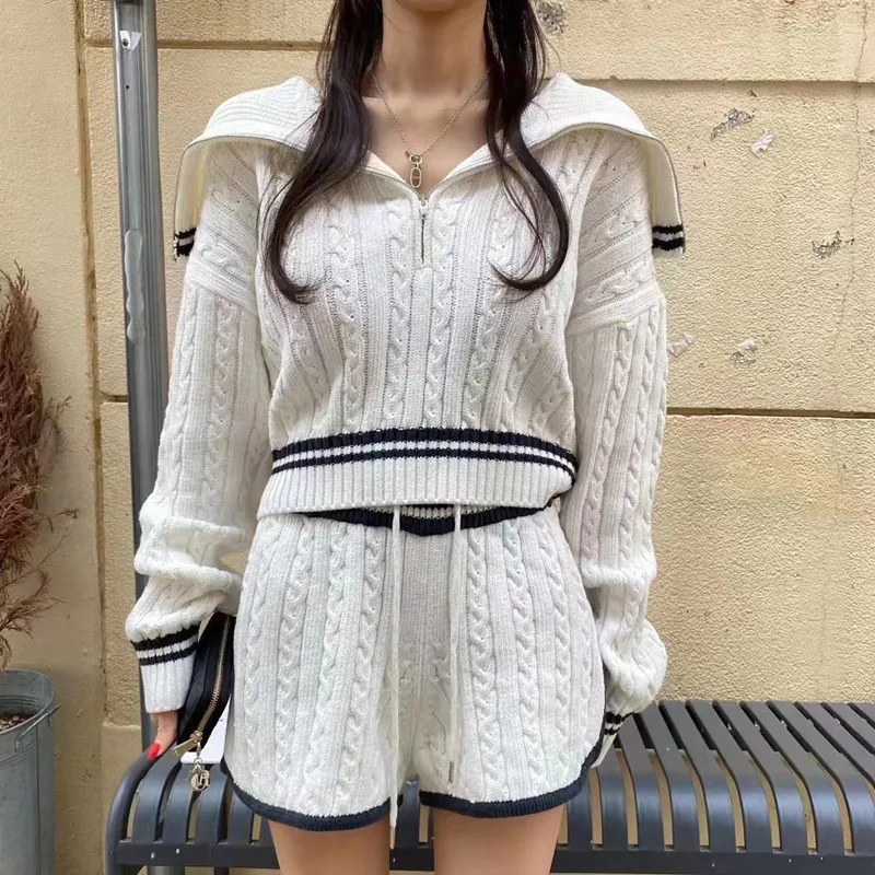 Casual Simple Sweet Women's Knitted Two-piece Set Fashion Korean Turn-down Collar Short Sweater High Waisted Straight Leg Shorts