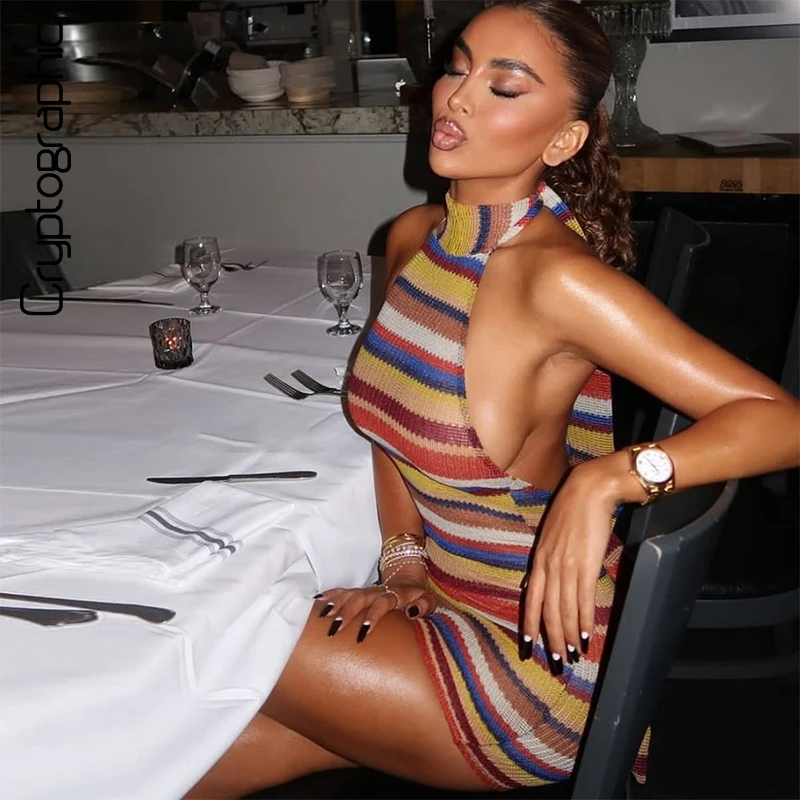 

Cryptographic Striped Knit Halter Mini Dress Colorful Contrast Sleeveless Backless Summer Casual Clubwear Bodycon Short Dresses