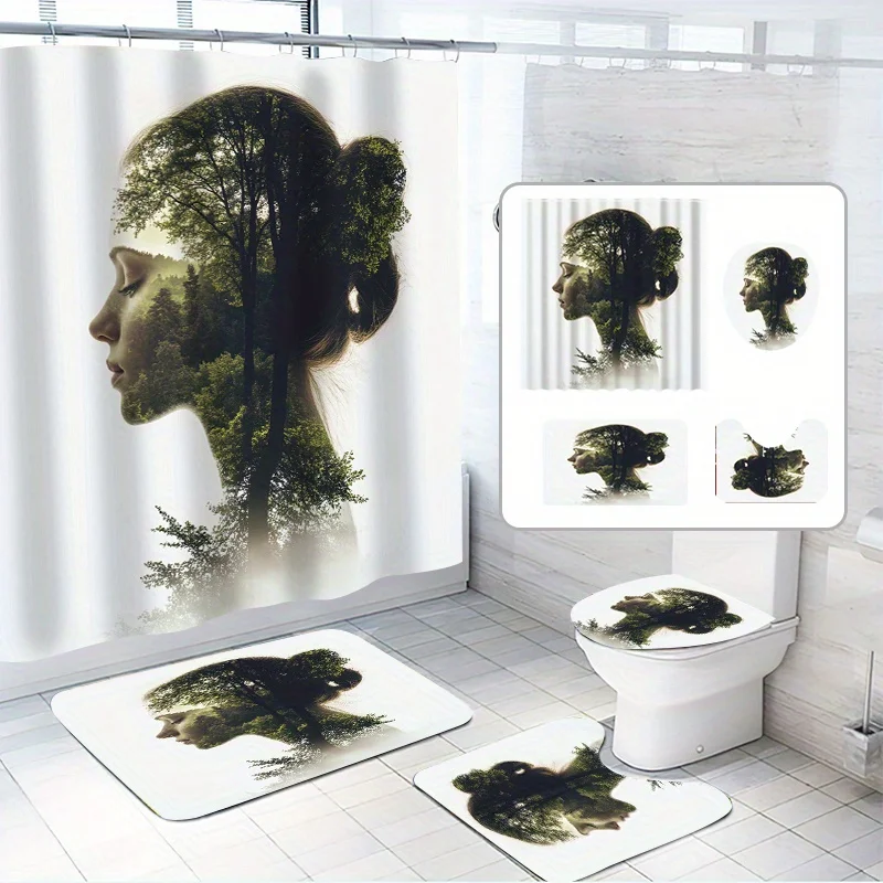 

4 шт., набор лесных занавесок для душа в тене, полная зелени, модный художественный стиль, с 12 крючками, водонепроницаемый полиэстер