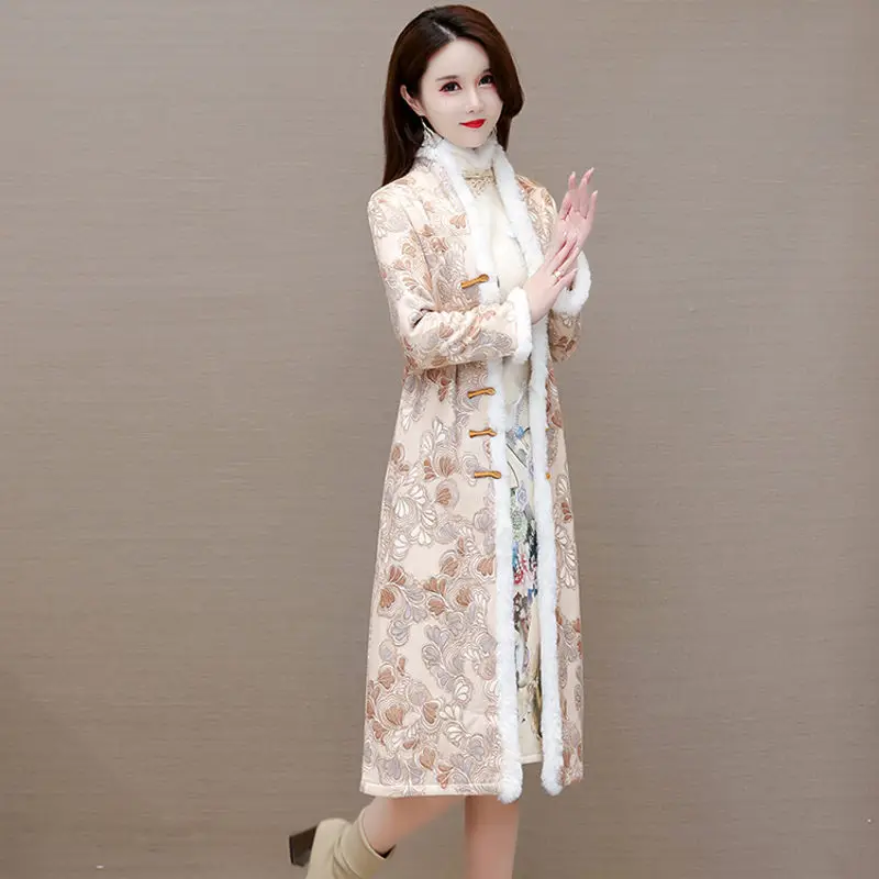 Chinese Style Autumn Winter Qipao Jacket Fleece Thickening Temperament High-End Women\'s Retro Elegant Cheongsam Long Coat T629