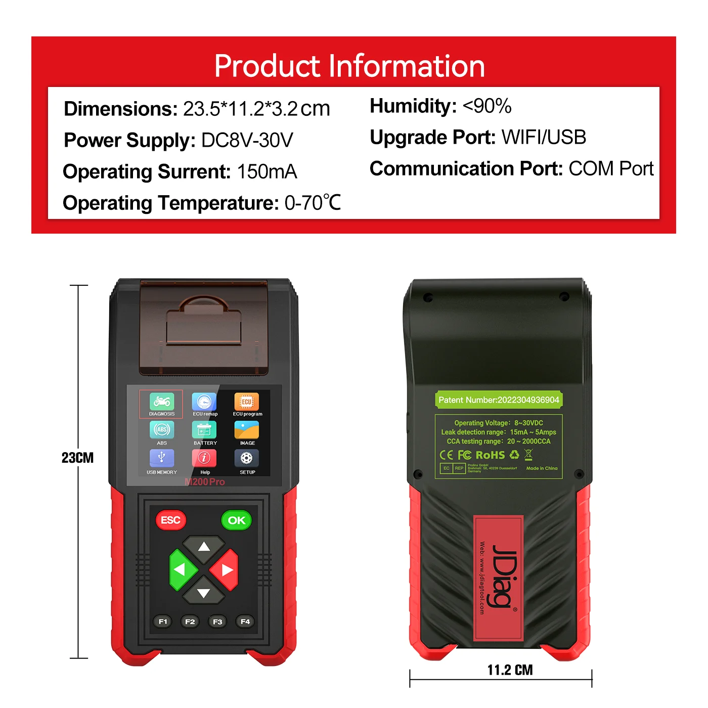 In Stock JDiag M200 Pro Standard Version Handheld motorcycle scanner motorcycle battery tester 12v Motor Scan diagnostic tool