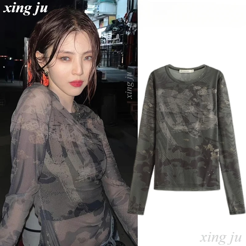 

Kpop Korean Singer Concert Sexy Mesh See-Through Hollow Out T-shirts Hip Hop Dancing Slim Crop Top Women Y2K Jazz Dance Costume