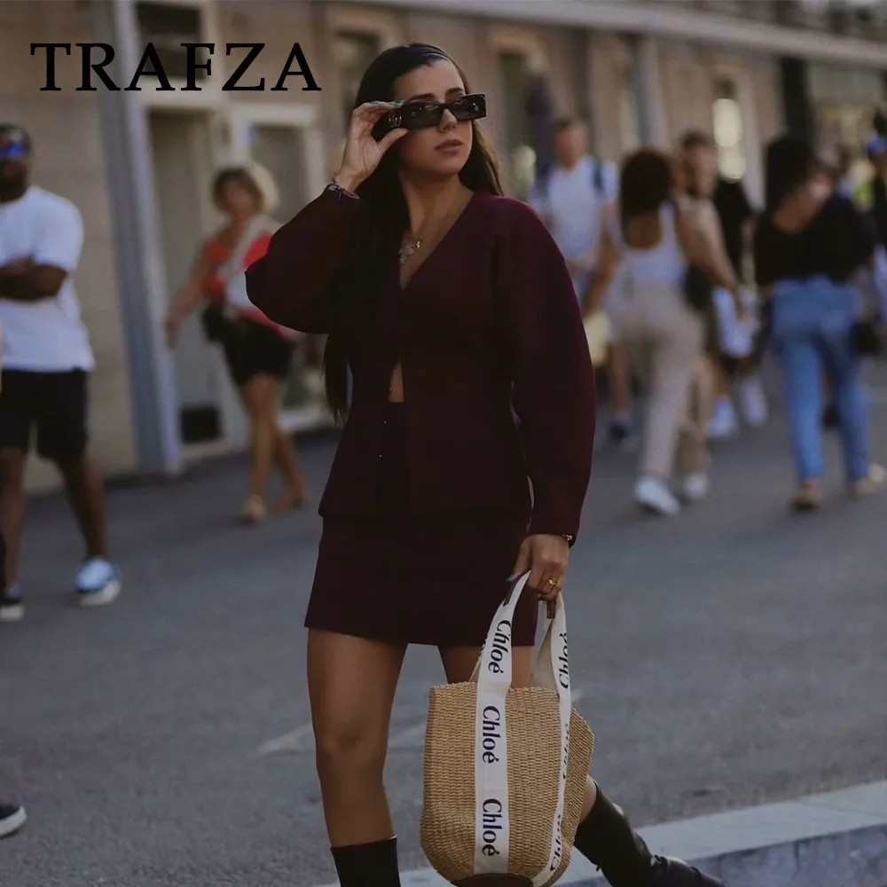 TRAFZA 2024 Autumn Winter Streetwear Women Knitted Suits Fashion Elegant V Neck Single Breasted Shirts+Chic Mini Skirts