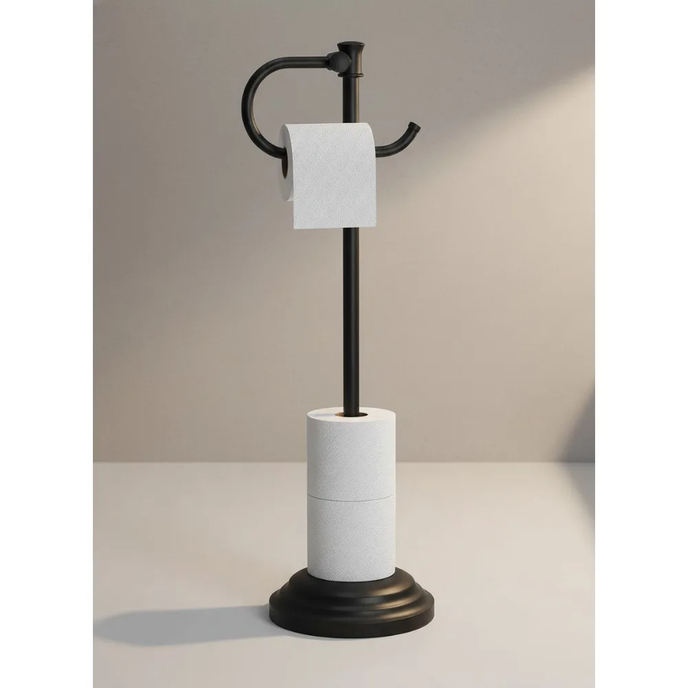 

Free Standing Toilet Paper Holder with Storage & Towel Bar - Matte Black Stainless Steel Bathroom Organizer