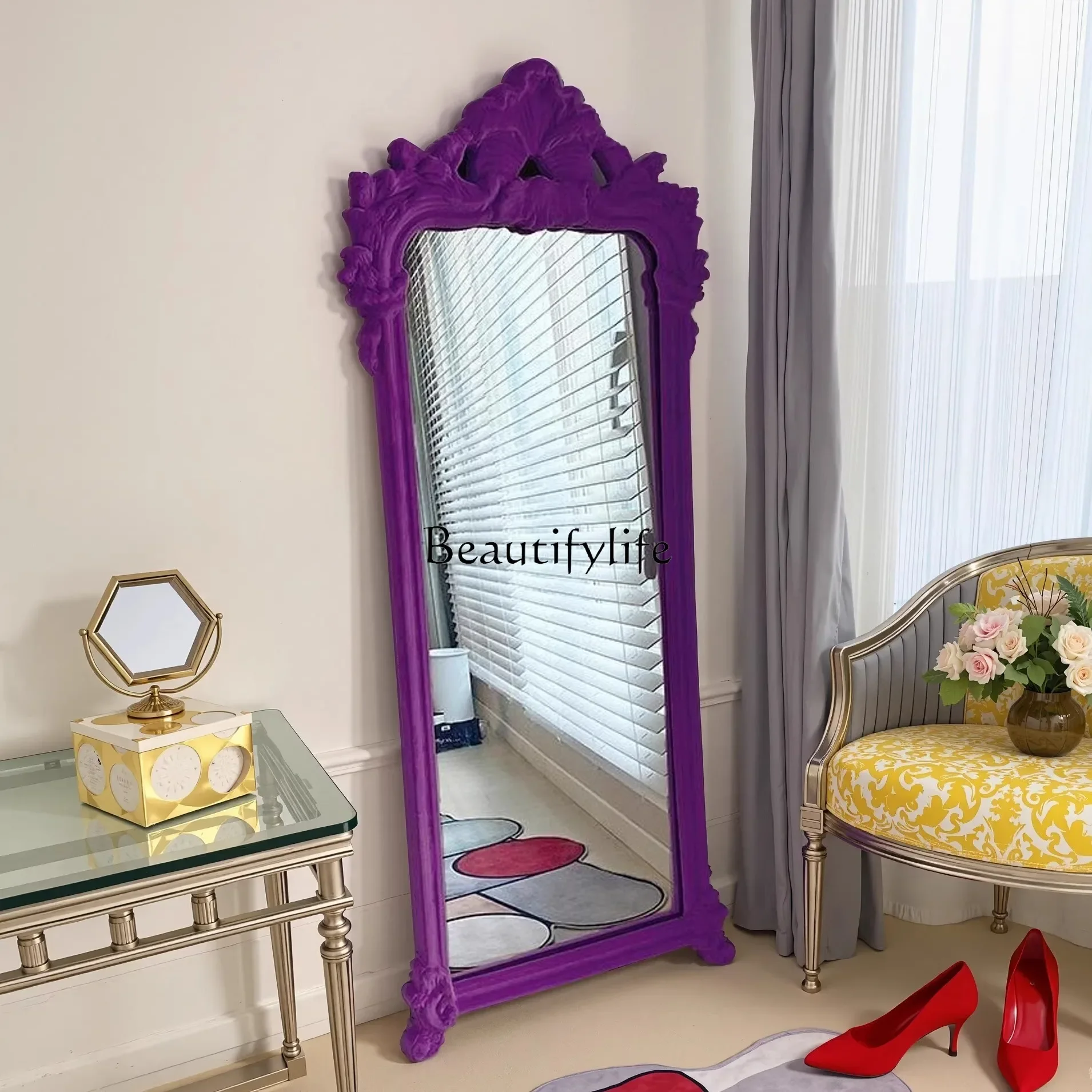 

ls 42French retro full-body mirror flocking engraved full-length mirror clothing store fitting mirror ins
