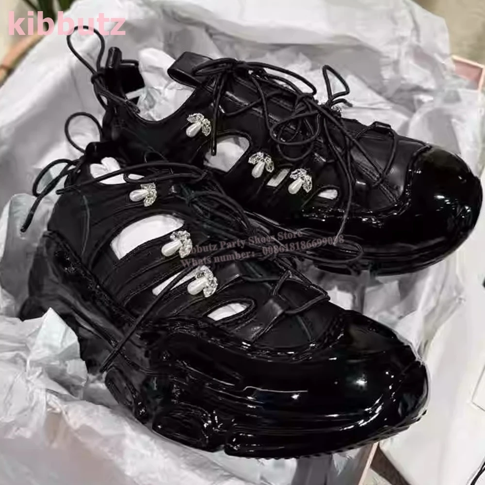 Hollow Sneaker Crystal Lace-Up Glossy Round Toe Height Increasing Solid Color Fashion Elegant Sports Concise Women Shoes Newest