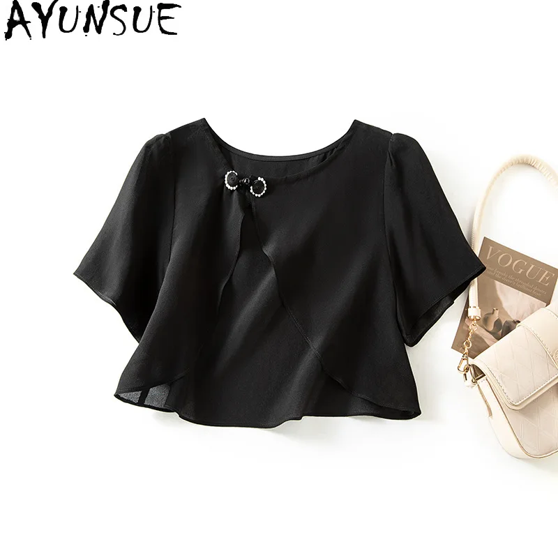 

AYUNSUE 100% Silk Tops for Woman Summer Short Cardigan Solid Color Thin Going Out Top Beach Style Woman Clothing Ropa Para Mujer