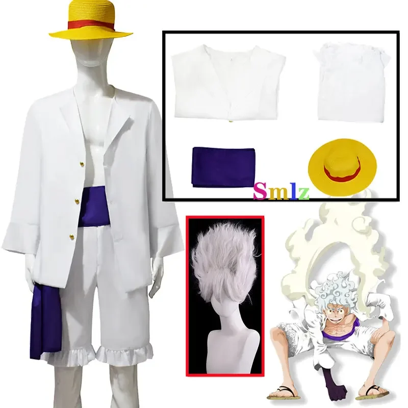 White Luffy cosplay anime gear 5 Nik form costume outfit adult kid full set White Shirt pants sash wigs