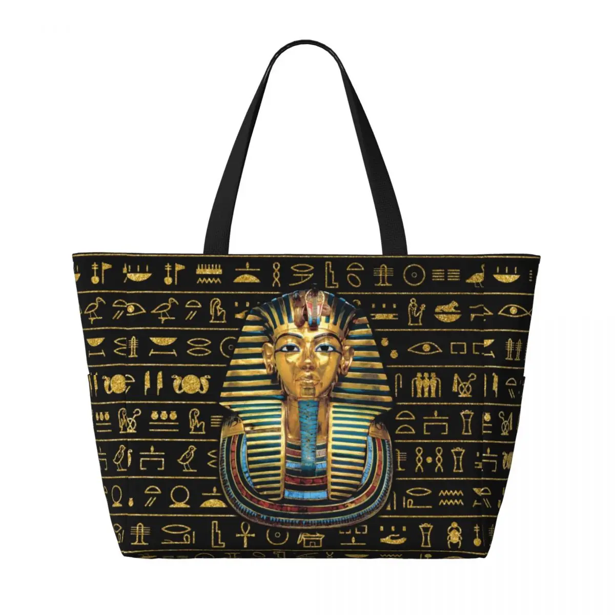 Custom Large Ancient Gold Pharaoh Egypt King Tut Tote Bag for Women Egyptian Hieroglyphs Shopper Shoulder Gym Beach Travel Bag