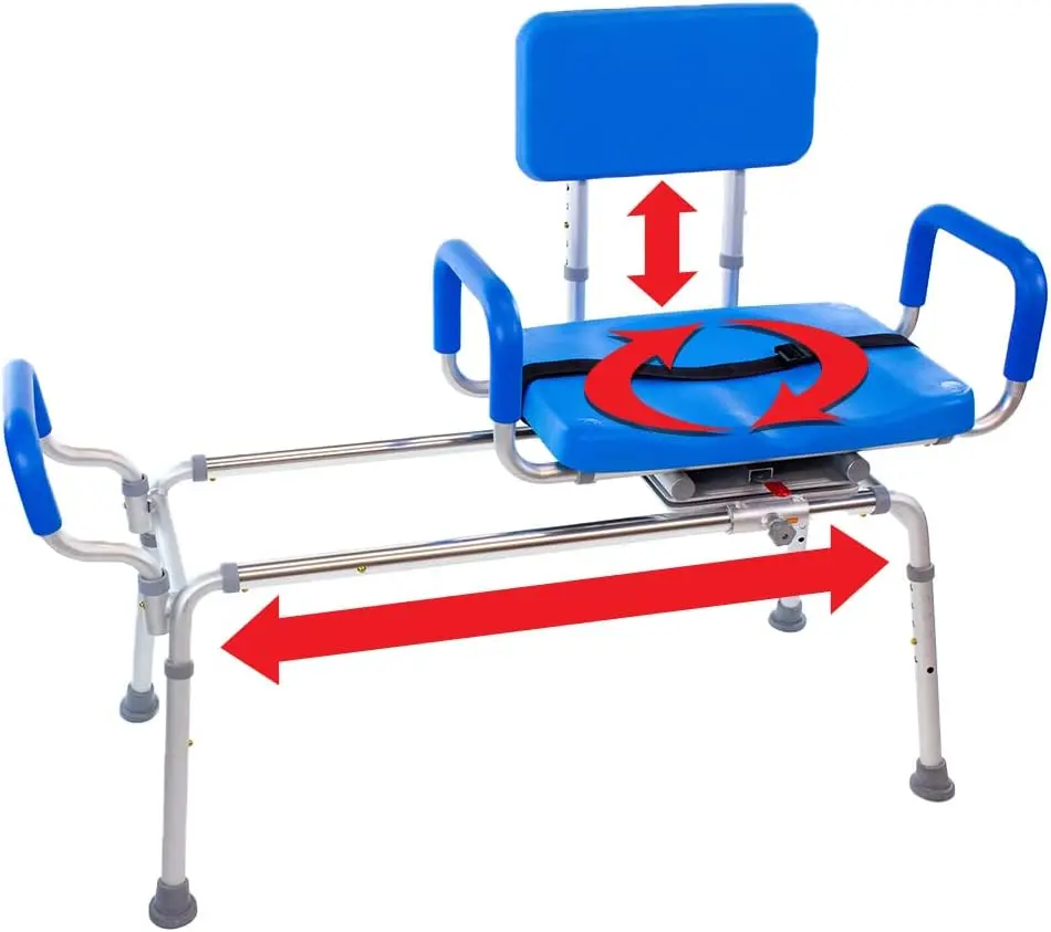 Sliding Shower Chair Tub Transfer Bench with Swivel Seat, Premium Padded Bath, with Pivoting Arms, Adjustable Space Sav