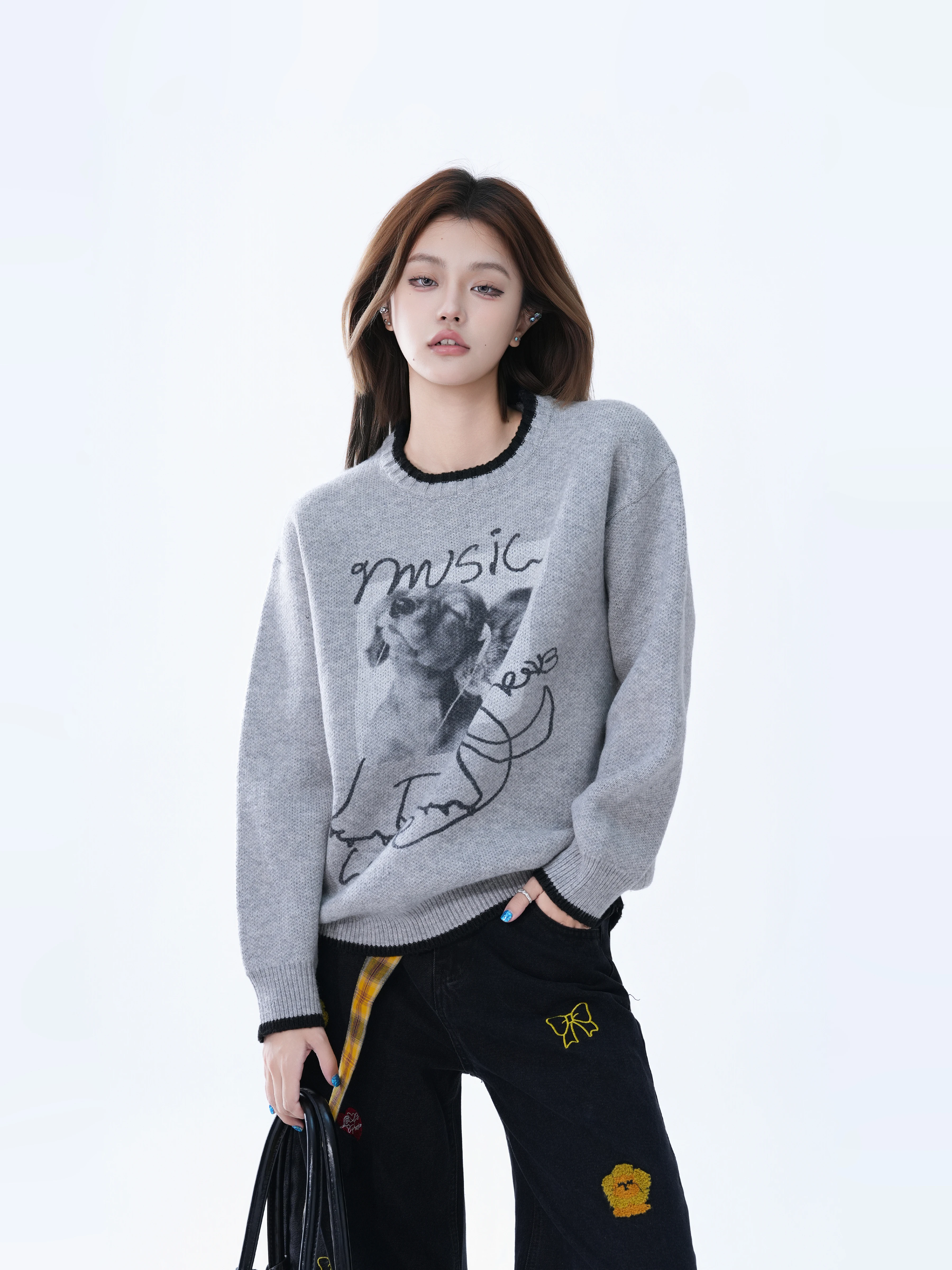 Hand-Painted American Retro Color Block Doggies Loose Knitted Sweater Women's Casual Trendy Couple Tops Warm Polyester Fiber